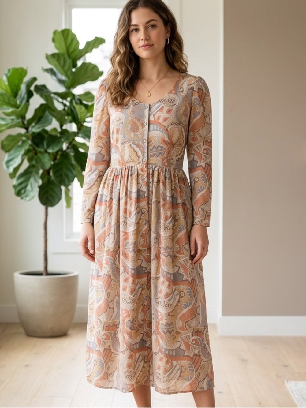 Vintage Linda Lundstrum Muted Paisley and Geo Shape Dress